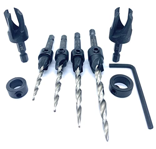 Ftg Usa Wood Countersink Drill Bit Set #6#8#10#12 Countersink Tapered Drill Bits, 2 Wood Plug Cutter For 3/8" And 1/2" Wood Plugs Or Wood Dowels, 2 Stop Collar, Allen Wrench, Quick Change Hex Shank #TOP7