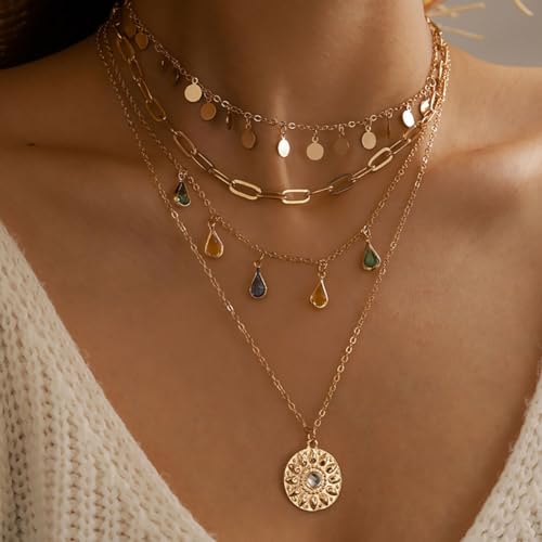 GIGB PBDK Trendy Layered Gold Pendant Necklaces for Women Lady Boho Stackable Dainty Beaded Turquoise Necklace Charm Long Paperclip Necklace Jewelry Gifts2