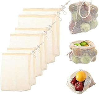 YORKING 6 Pcs Reusable Produce Bags Cotton Mesh Fruit Bag Washable Reusable Net Produce Bag with Shrink Band for Fruits Veggies Grocery Shopping