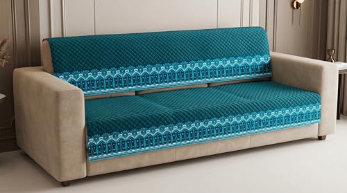 Image of KINGLY Sofa Cover 4 Seater Fully Covered | Stretchable Anti-Slip Slipcover | Washable Furniture Protector | Teal Blue | Set of 2 | Seat & Back |