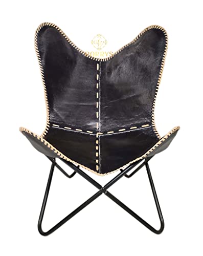 Butterfly Chair Leather | Handmade Genuine Goat-Luxury Relaxing Chair for Home & Office - Folding Iron Frame for Lounge & Living Room -Black Leather