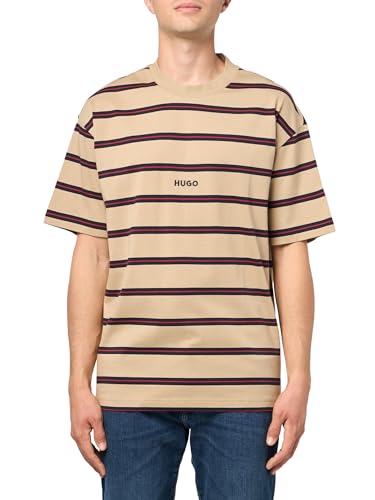 T-Shirt avec Large Logo à Rayures au Milieu Homme HUGO Coton Col Rond