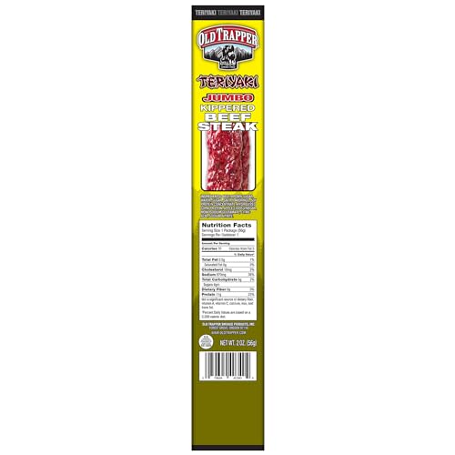 Image of Old Trapper Kippered Steak, Teriyaki Flavor, Two-Ounce Individually Wrapped Packages, Savory and Sweet Savory Meat Snack for Between Meal Bites, 22 Grams of Protein per Serving (Pack of 12)