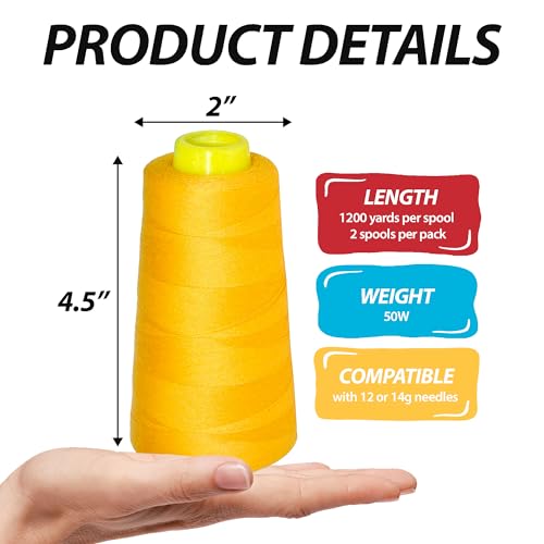 Image of Mandala Crafts Gold Mercerized Cotton Thread Cones for Sewing Quilting | 2400 Yds 50 WT, 100% Long Staple Cotton, Multipurpose, for Embroidery, Piecing, Sergers, Applique, Machine and Hand Sewing