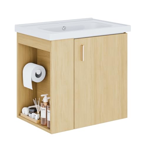 phiestina 20 Inch Oak Floating Small Bathroom Vanity, Pre-Assembled Wall Mounted Cabinet with Sink, Left Side Storage, Soft-Close Door, Modern Space-Saving Design, No Faucet,BV04-20-OAK-PLUS