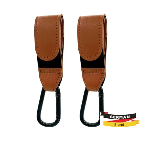 Haken 2 Stück universelle Passform | Halterung Universalhaken Kinderwagenhaken Taschenhaken | verstellbar robust einfacher Verschluss Taschenhalter Karabinerhaken | braun