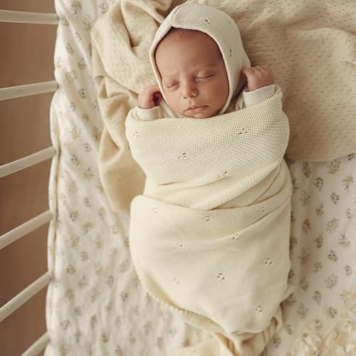 Image of Baby Gift Set - Organic Cotton Newborn Blanket Essentials, Thoughtful Baby Shower & New Baby Gift for Boys & Girls (Pointelle - Butter Cream)