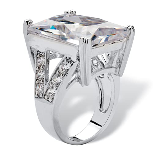 PalmBeach Platinum-Plated Emerald Cut Cubic Zirconia Split Shank Bridge Engagement Ring Sizes 6-102