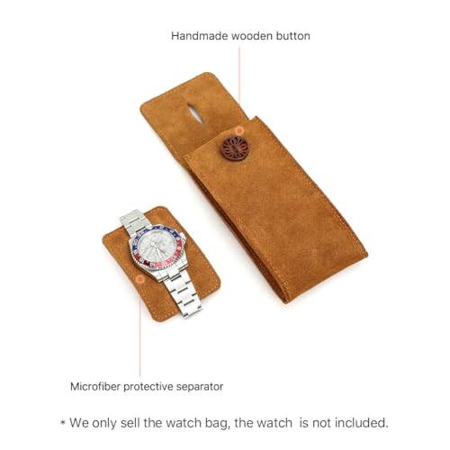 Image of CONTACT'S FAMILY Genuine Cow Suede Leather Watch Pouch, Travel Storage Case for 1 Watch with Wooden Button Closure & Microfiber Separator, Vintage Portable Organizer (Brown)
