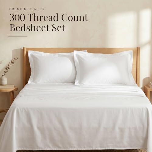 Image of Huesland Premium 100% Pure Cotton Luxe Soft Touch 300 Thread Count Bedsheet for Double Bed King Size with 2 Pillow Covers | White | 108 x 108 inches
