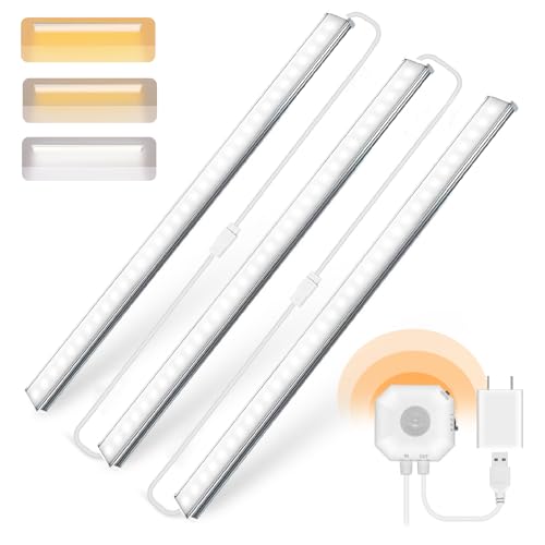 Daymeet Under Cabinet Lights Motion Sensor, 12 Inch Under Cabinet Lighting Ultra Thin, Bright 3 Color Adjustable Cabinet Lights, Plug in Led Lights for Cabinet, Counter, Closet?Home(3 Pack)
