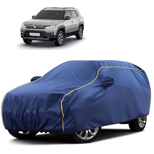Image of Sulfar 100% Water Resistant Car Body Cover Compatible with Mirror for Maruti Suzuki Breeza (Triple Stitched, Full Bottom Elastic, Blue Tafetta with Yellow Piping)