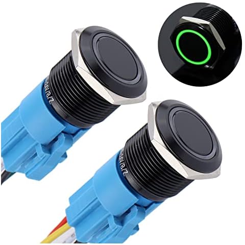 DMWD 2PCS 19mm Metal Waterproof Anti-Vandal Latching Push Button Switch Self-Locking Black Shell with Pre-Wired Socket for 3/4" Mounting Hole 12V-24V ON Off 5Pins 1NO 1NC Halo Ring LED Light Green Cover