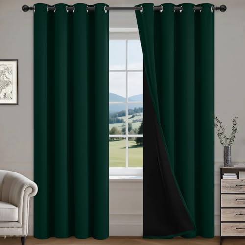 Image of COSVIYA 100% Pine Tree Green Blackout Curtains for Living Room 84 Inch Long | Room Darkening Light Blocking Drapes for Bedroom, Grommet Thermal Insulated Window Panels with Black Liner, W52xL84,2 Panels