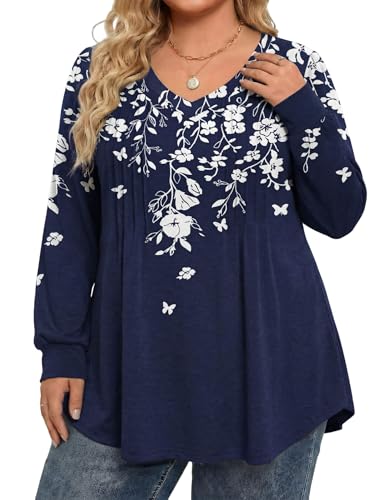 Image of IN'VOLAND Womens Plus Size Shirts V Neck Puff Long Sleeve Tops | Loose Fit, Dressy Casual Blouse, Pleated, Fall Outfits, Business Work TShirts, Basic Tees