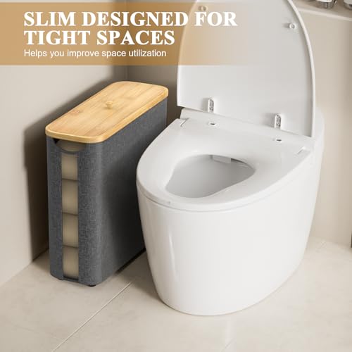 30L Toilet Paper Storage Basket with Lid, Hold Up to 16 Rolls, Slim Bamboo Toilet Paper Basket Holder Bin Container, Bathroom Accessories Organizer, Grey - Image 6