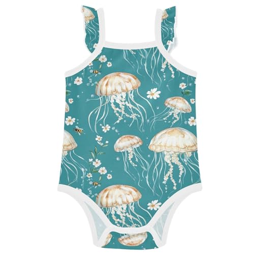 Wudan Linda medusa verde azulado para niña, sin mangas, de algodón, suave, ropa de bebé, mameluco para niña, talla 3M, Medusa Kawaii verde azulado, 9M