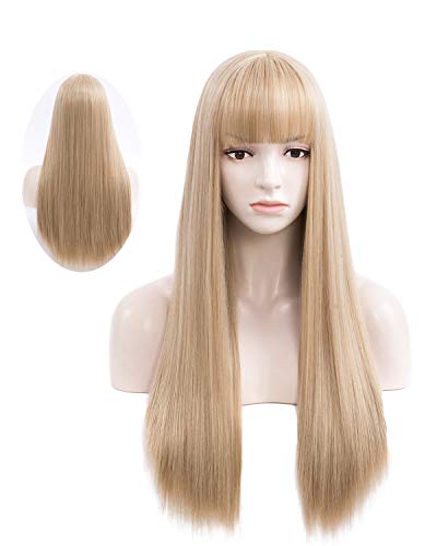 netgo Women's Long Straight Wigs With Bangs, 27 inch Heat Resistant Synthetic Cosplay Party Halloween Costume Wigs with Rose Net (Ash Blonde)