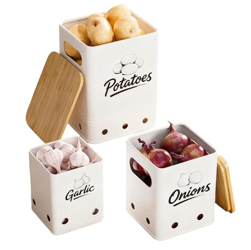 3Pz Caja Guardar Patatas con Tapa Bambú y Orificios Ventilación, Almacenamiento Cebollas Cocina, Organizador Ajos Apilable, Contenedores Alimentos, Botes Almacenaje Metal, Recipientes Verduras(Blanco)