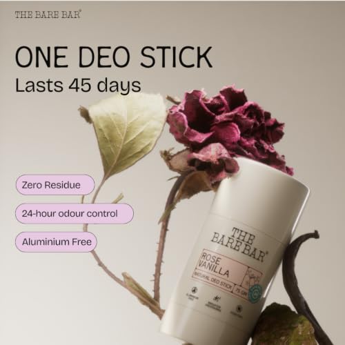 Image of The Bare Bar Rose Vanilla Natural Deodorant Stick 75g | Up to 24-Hour Odour Control | Long-Lasting Freshness | Aluminium-Free, Baking Soda-Free | No White Marks, No Staining | For Men & Women