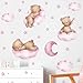 Cute Pink Sleeping Baby Bear Wall Stickers, sacinora Moon and Stars DIY Art Wall Decals Removable Vinyl Peel and Stick for Girls Kids Baby Nursery Bedroom Toddler Room Kindergarten Decorations