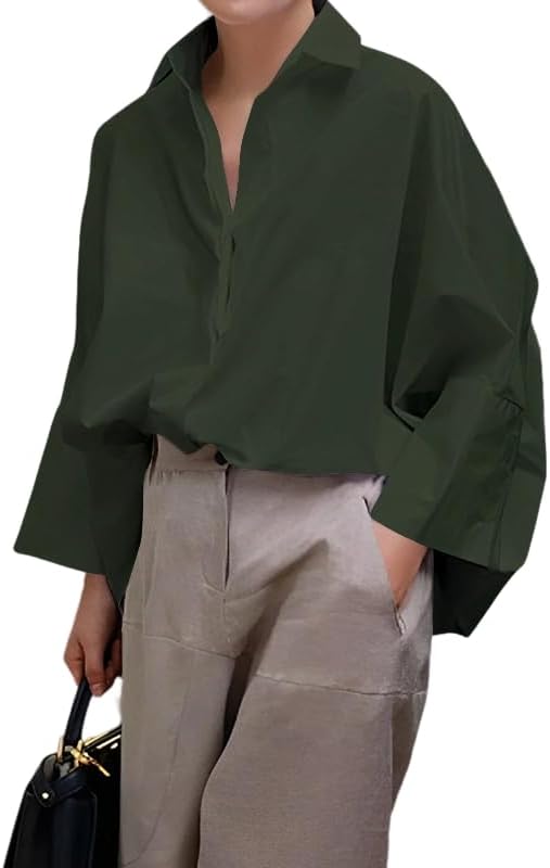 UOOZEE Womens Button Down Shirt Casual 3/4 Sleeve Loose Fit Collared Work Blouse Tops