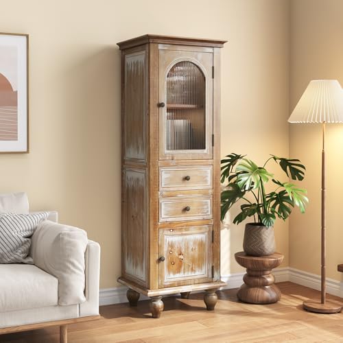 Image of LKTART 60 inch Tall Kitchen Pantry Storage Cabinet;WoodenGlass Display Cabinet | Solid Wood Frame;Farmhouse /French Country Narrow Corner Glass Display Cabinet;Narrow Storage Cabinet;Tall Accent Cabinet