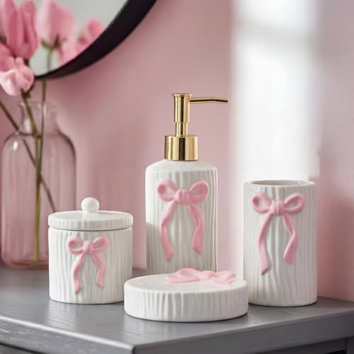 Zhehao 4 Pcs Ceramic Pink Bow Bathroom Set Bathroom Accessories Soap Dispenser Tumbler Toothbrush Holder Vanity Soap Tray Cotton Swab Jars Refillable Decor Gift for Her(White with Pink Bow)
