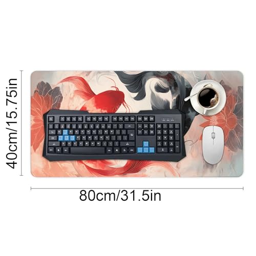 Image of Koi and Lotus Ethnic Extended Gaming Mouse Pad, with Stitched Edges Large Mouse Pad Desk Protector, Rubber Base Mousepad Keyboard Mouses Mat for Work Game Office Home- 32 inch X 16 inch Inch
