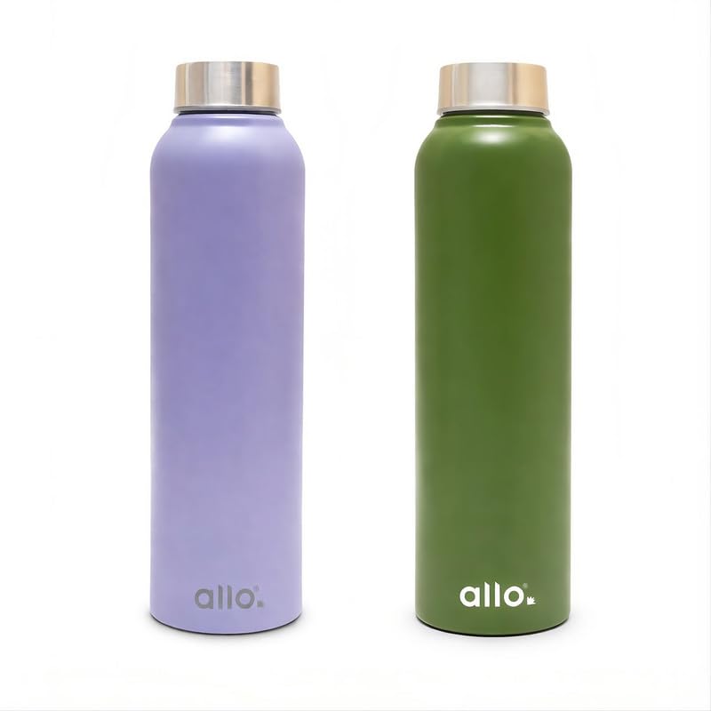 Image of Allo Stainless Steel Water Bottle For Adults, Kids 950ml Water Bottles For School, Office, Sports, Gym 950ml Water Bottle For Men And Women, Pack Of 2| Leak Proof, Bpa Free, Olive Green, Lavender