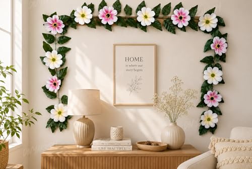 Image of Divyakosh Mango Leaf Vine /Creeper (6.5 Ft) with Cosmos Flowers for Door Entrance Decor | Artificial Flowers Garland,Thoran | Festive Puja Wall Hanging for Diwali Navratri Ganpati Home Decor