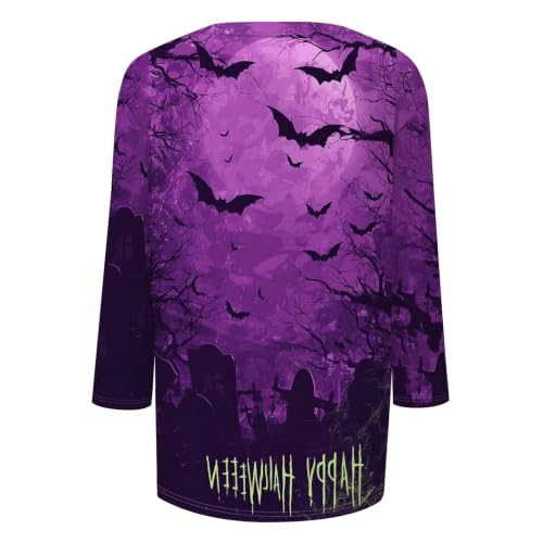 Image of Women Spooky Halloween Graphic Shirt 3 /4 Length Sleeve Crewneck Top | Halloween Funny Printed Pumpkin Plus Size Tshirts 2026 Fall Outfits Skeleton Tee Going Out Tops