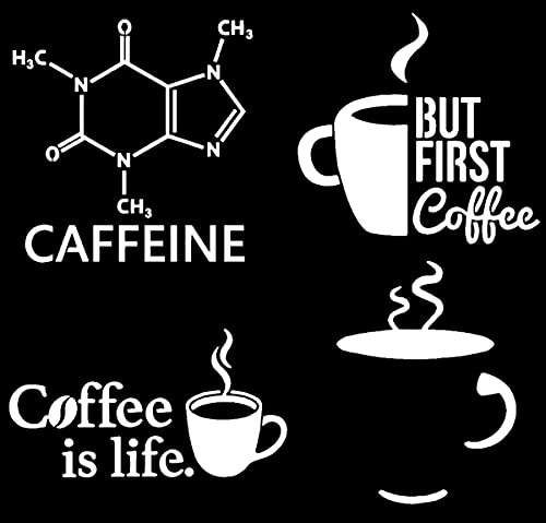 Caffeine Decal 4 Pack: Caffeine Molecule, Coffee is Life, But First Coffee, Laptop Logo Cup (White, Small ~3.5")