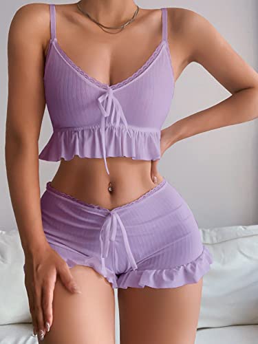 SweatyRocks Women's 2 Piece Lingerie Set Pajama Sets Ruffle Trim Tie Front Cami Top and Shorts Sleepwear4