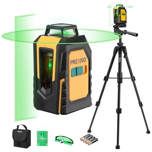 PREXISO 360° Laser Level with Tripod, 100Ft Cross Line Leveler- Green Horizontal Line Laser Level Self Leveling for Construction, Floor Tile Renovation with Target Plate, Green Glasses, 4 AA Batteries by Prexiso - Used condition - US$65.83