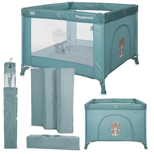 Lorelli Baby Laufstall Playground, kleiner Laufgitter 100x100 cm, Absperrgitter mit atmungsaktivem Netz, Schutzgitter mit Reißverschlusstür, faltbarer Krabbelgitter, blau