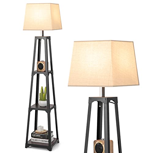 RELAX4LIFE Lampadaire Salon sur Pied avec Étagère à 3 Niveaux Abat-jour en Lin, Lampadaire d'Étagère Moderne 160 cm, Lumière Décoration pour Bureau Salon Chambre