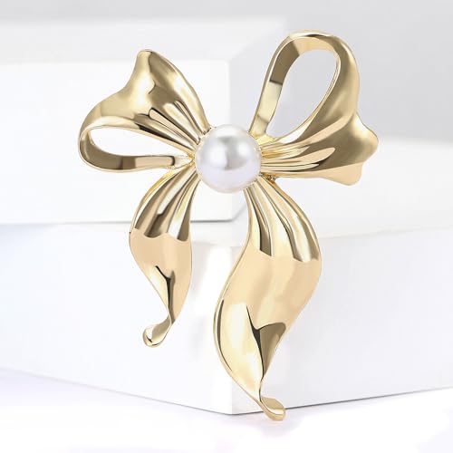 Image of Pearl Bow Knot Brooch Lapel Pin Ribbon Bowknot Pins Elegant Clothes Dress Sweater Hat Suit Backpack Corsage Accessories Brooches Fashion Birthday Christmas Jewelry Gifts for Women Mom