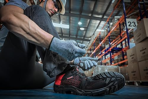 KARAM ISI Marked Flyknit Safety Shoe Excellent Grip, Comfort and Slip Resistance | Safety Shoes with Fibre Toe | Red & Black | FS215FN(FWSAMN)