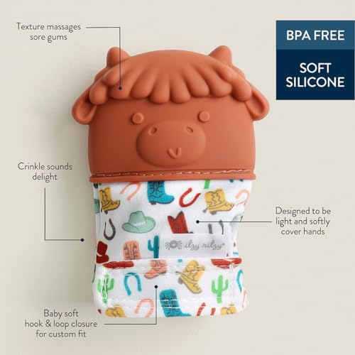 Image of Itzy Ritzy Silicone Teething Mitt - Soothing Infant Teething Mitten with Adjustable Strap, Crinkle Sound & Textured Silicone to Soothe Sore & Swollen Gums - for Ages 3 Months & Up (Cow)