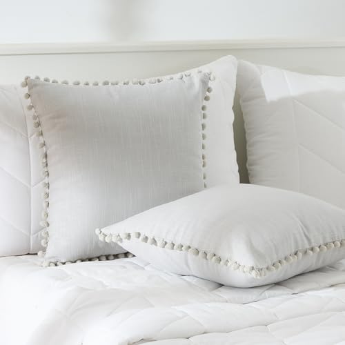 Image of 100% Cotton Pom Pom Cushion Without Filler, Elegant & Modern Cushion Cover for Living Room, Square Shape, 20 inchx20 inch, uni slub, Set of 3 - L.Gray