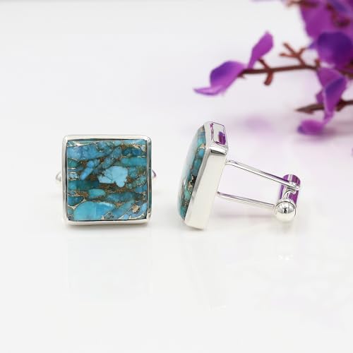 Spine Oyster/Blue Copper Turquoise Cufflinks for Men – Natural Gemstone in 925 Silver, Groom Wedding Jewelry Gift3