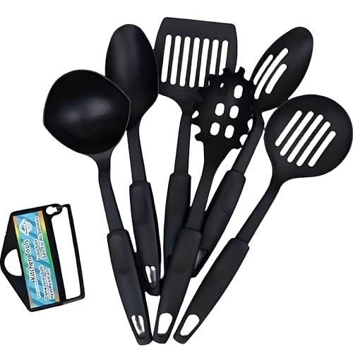 NTEK Silicone Kitchen Utensils Set - 6 Essential Cooking Tools for Non-Stick Cookware - Heat Resistant, Non-Scratch, Dishwasher Safe - Turner, Ladle, Spatula, Spoon & Pasta Server (Black)
