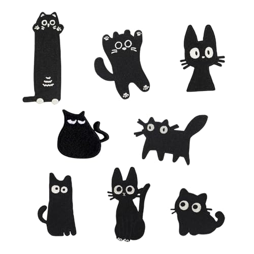 8 Stickerei-Aufnäher, schwarze Katze, bestickt, zum Aufnähen/Selbstkleben, niedliches Tier, geeignet für Kleidung, Rucksäcke, Hüte