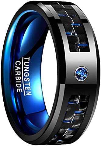 Phyonio Tungsten Carbide Rings with CZ Inlay Carbon Fiber Wedding Band Mens Rings Engagement Promise Rings Polished Finish Blue/Red/Green Comfort Fit Size 6-15