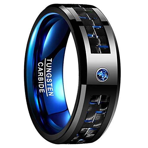 Phyonio Tungsten Carbide Rings With Cz Inlay Carbon Fiber Wedding Band Mens Rings Engagement Promise Rings Polished Finish Blue/Red/Green Comfort Fit Size 6-15 #TOP2