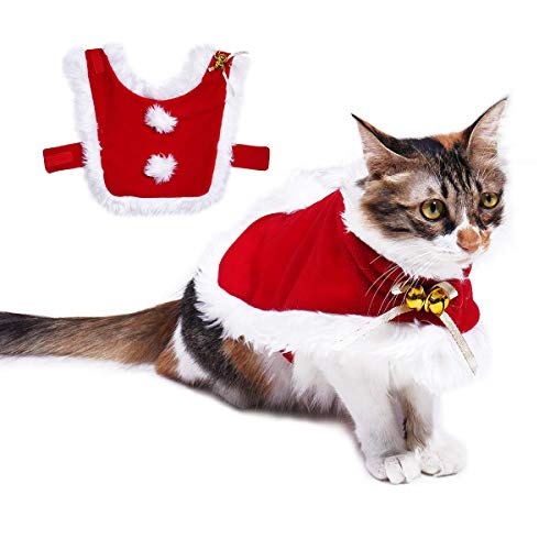 Vikedi Cat Christmas Costume, Adjustable Pet Cat Santa Clothes Cloak with Bells, Puppy and Cat Xmas Claus Costumes Apparel Party Clothing Cape for Small Dogs and Cats Cosplay (Red)