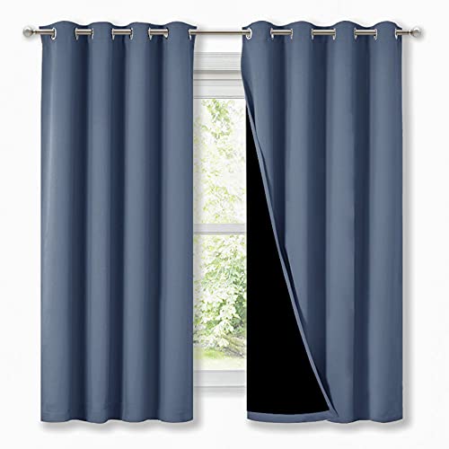 Image of NICETOWN 100% Blackout Curtains with Black Liners, Thermal Insulated Full Blackout 2-Layer Lined Drapes, Energy Efficiency Window Draperies for Bedroom (Stone Blue, 2 Panels, 52-inch W by 63-inch L)
