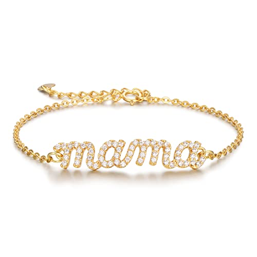 Mothers Day Gifts Mama Bracelet For Women 24K Real Gold Filled 925 Sterling Silver Gifts For New Mom, Mom Bracelets For Women Birthday Gifts For Mom From Daughter, Mama Gifts Charm Bracelets For Stepmom Mothers Day Gifts, Women Dainty Jewelry For Mom #TOP26