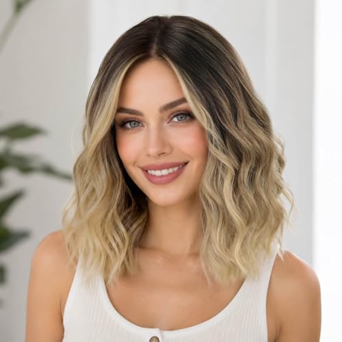 Image of Eawwii Ombre Blonde with Dark Roots Short Wavy Wig for Women Lace Hairline Bob Style Synthetic Heat Resistant - Natural Appearance for Everyday Hairstyle 14 Inch